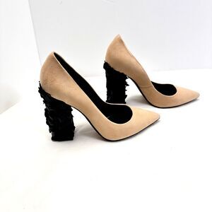 GREYMER Womens Tan Suede Petals Leather Chunky Heel Shoes Pumps SZ 37 Italy